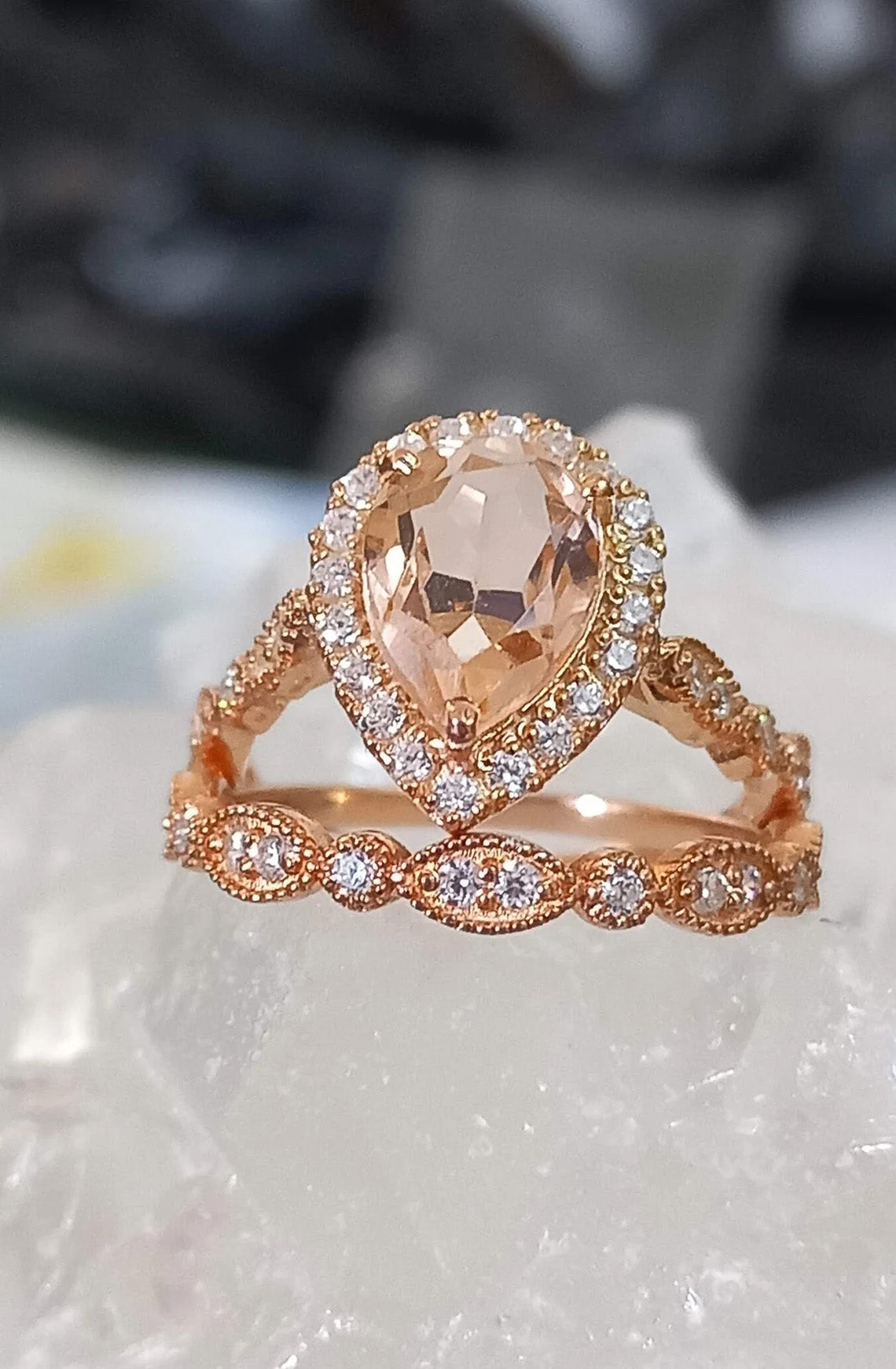 Teardrop Natural Morganite Ring Set